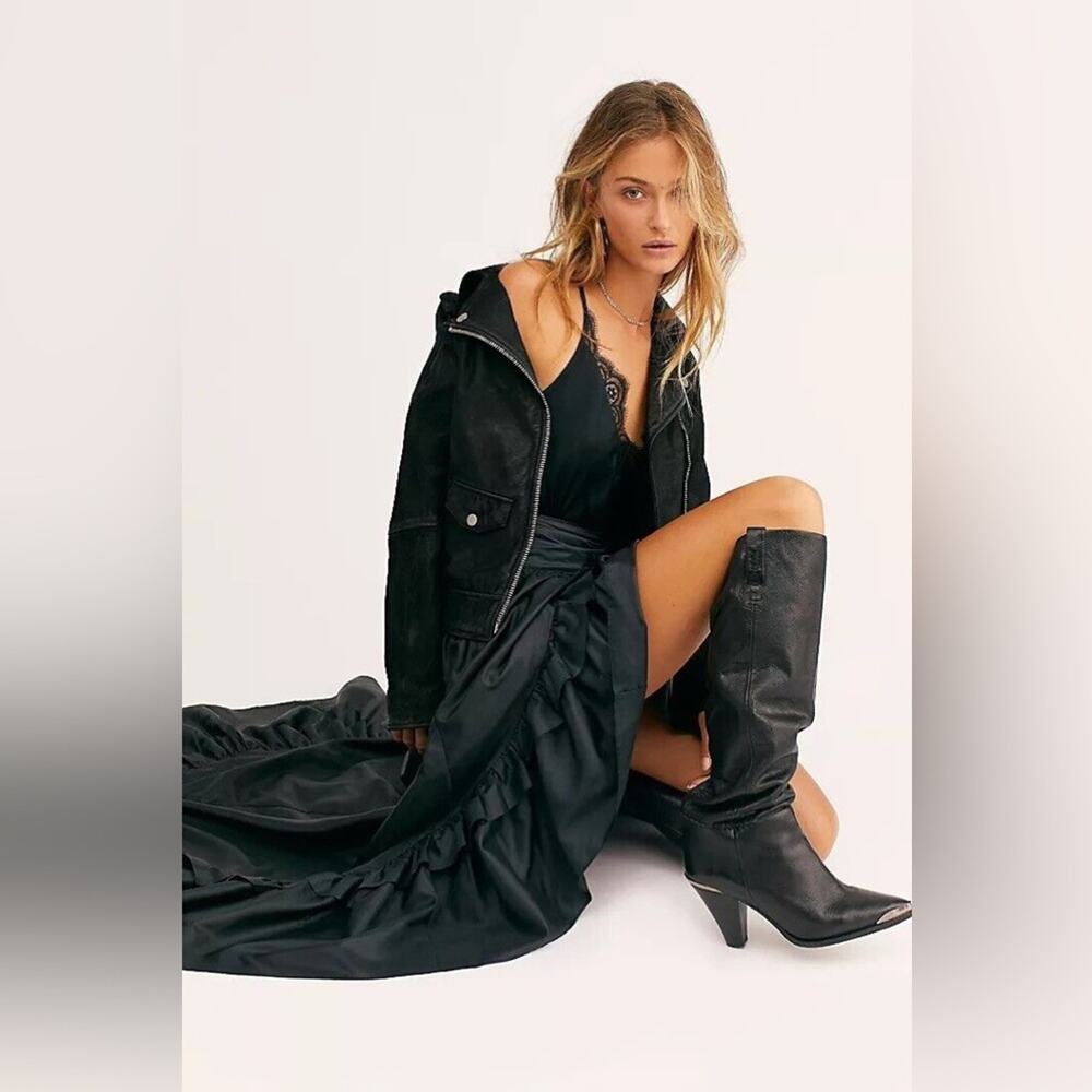 Free People Black Leather Knee High Stevie Boots Heeled Pointed‎ Toe Western 39 - Picture 2 of 9
